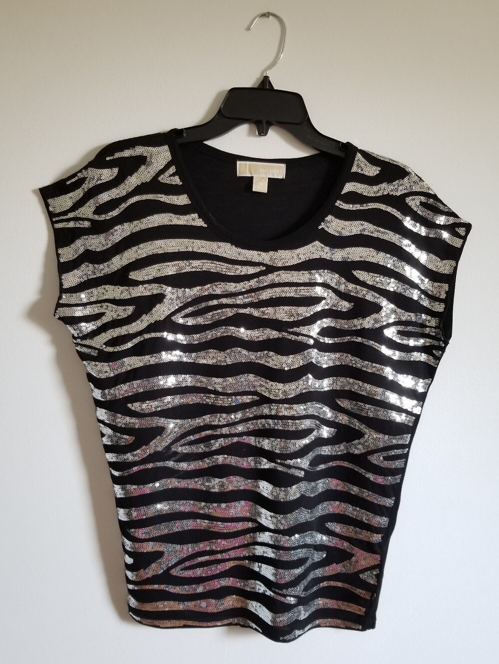 Michael Kors Black Top with Silver Sequin Zebra Stripes